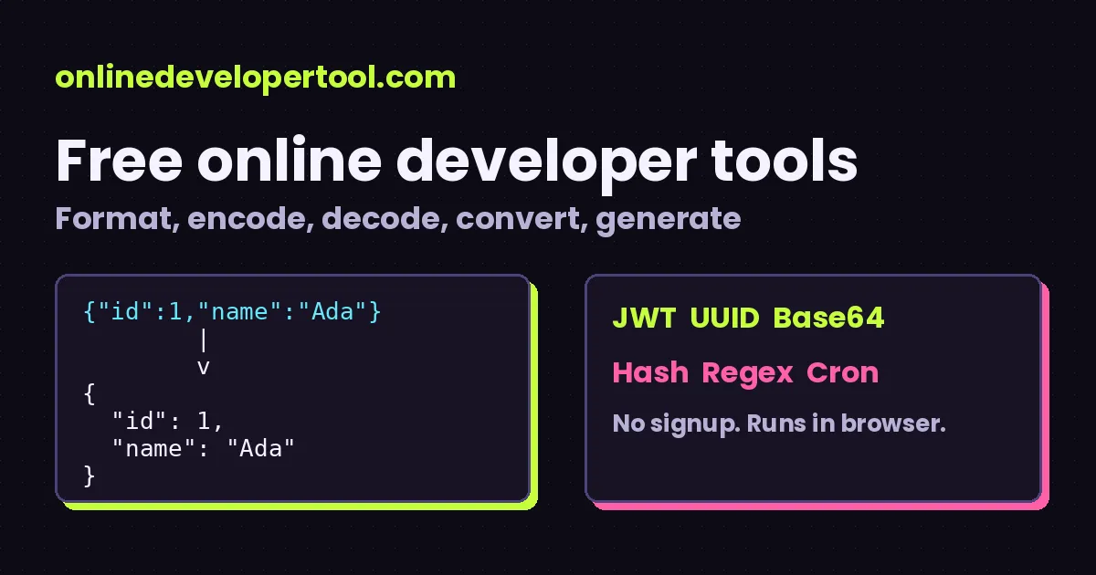 Free online developer tools: JSON formatter, JWT decoder, UUID generator and Base64 utilities
